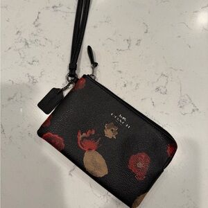 Coach Black Floral Zip Wristlet with Red and Tan Blooms